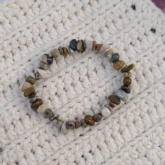 Ocean Jasper Chip Bracelet | Natural Gemstone Stretch Boho Healing Jewelry - Picture 2 of 7
